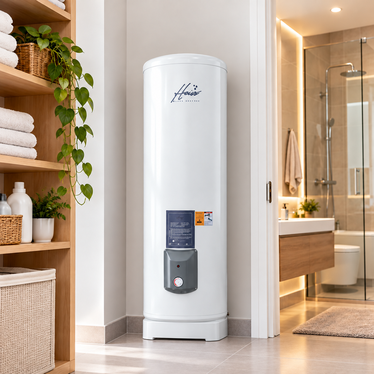 Heiss central water heater shown in an indoor installation concept