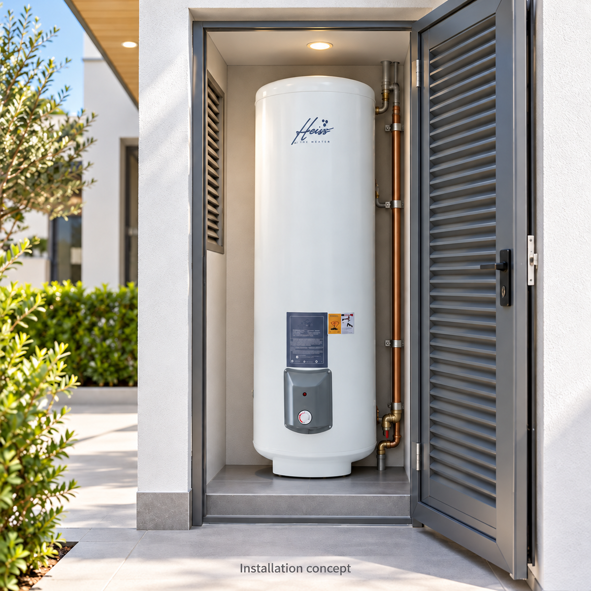 Heiss central water heater shown in an outdoor installation concept