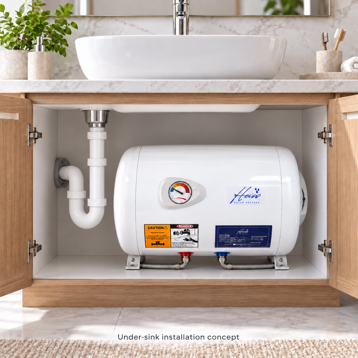 Heiss Horizontal shown in an under-sink installation concept